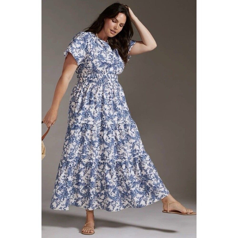 Anthropologie Somerset Tiered Maxi Dress Sz XL Floral Blue Cottage Wedding Artsy